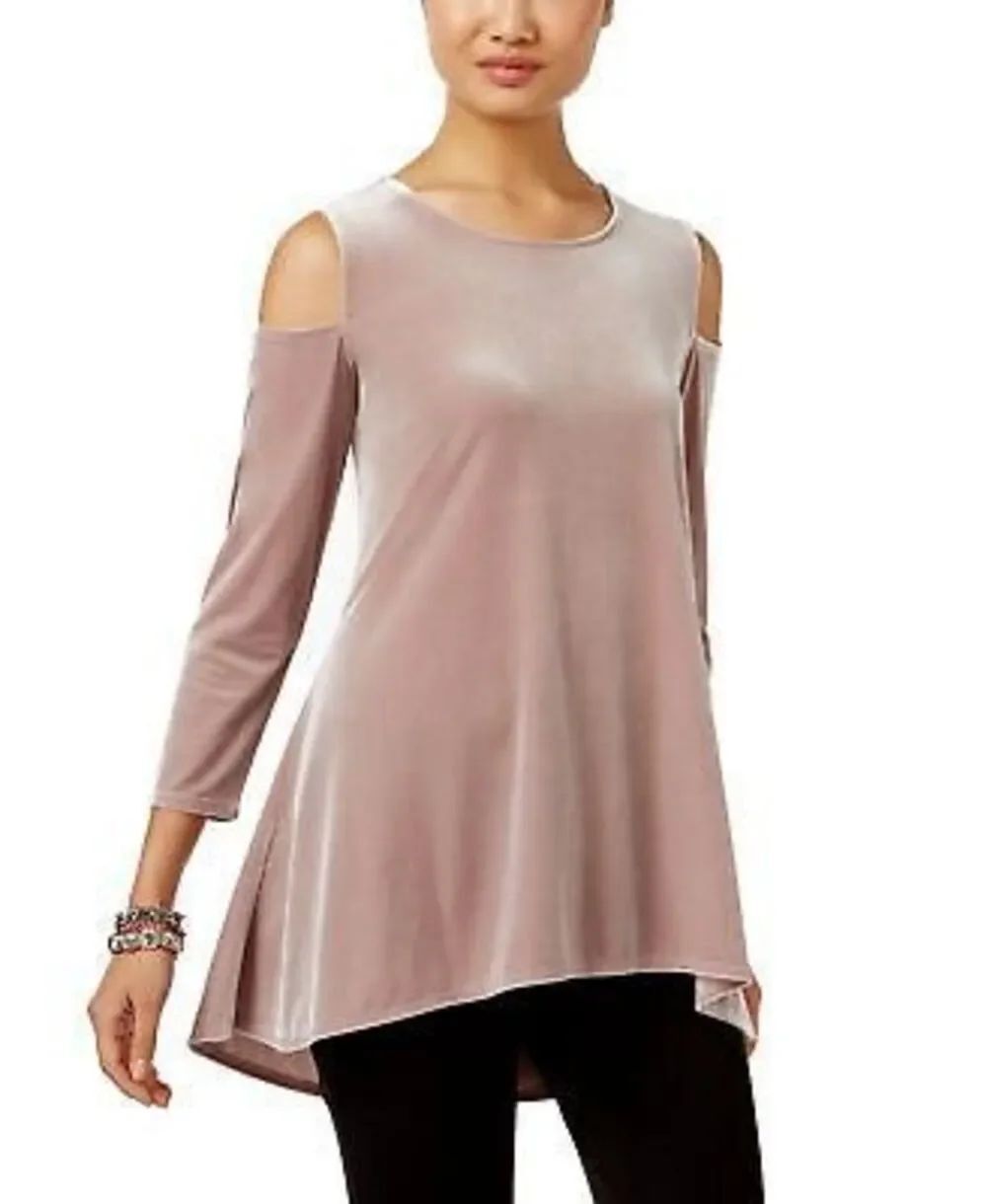 Womens Alfani Crushed Velvet Velor Woodrose Gold Cold Shoulder Top - Sz XL